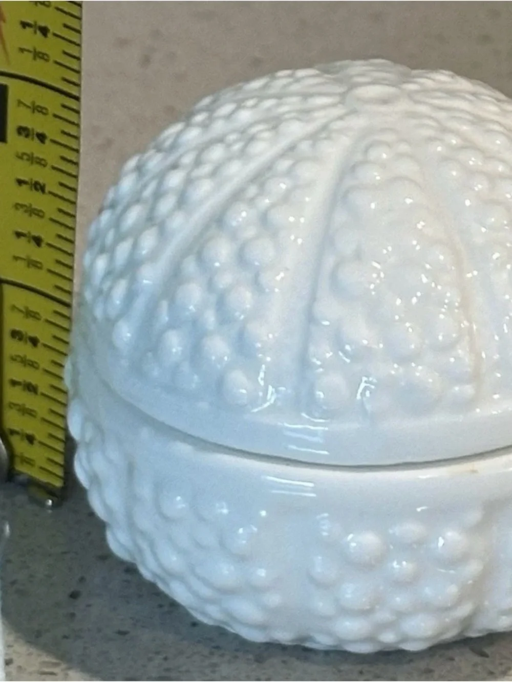 White Glass Covered Trinket Dish with Textured Sea Urchin Design